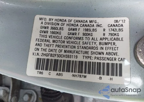 2012 Honda Civic Lx from USA, damaged, VIN 2HGFB2F50CH593119